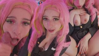 Mitsuri kanroji cosplayben élvezi a fasznak a lyukait és óriási arconlövellést kap